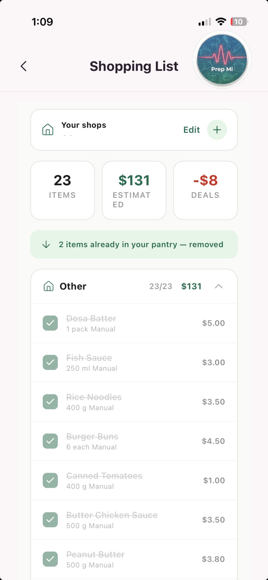 Shopping List — 23 items, $131 estimated, $8 deals saved