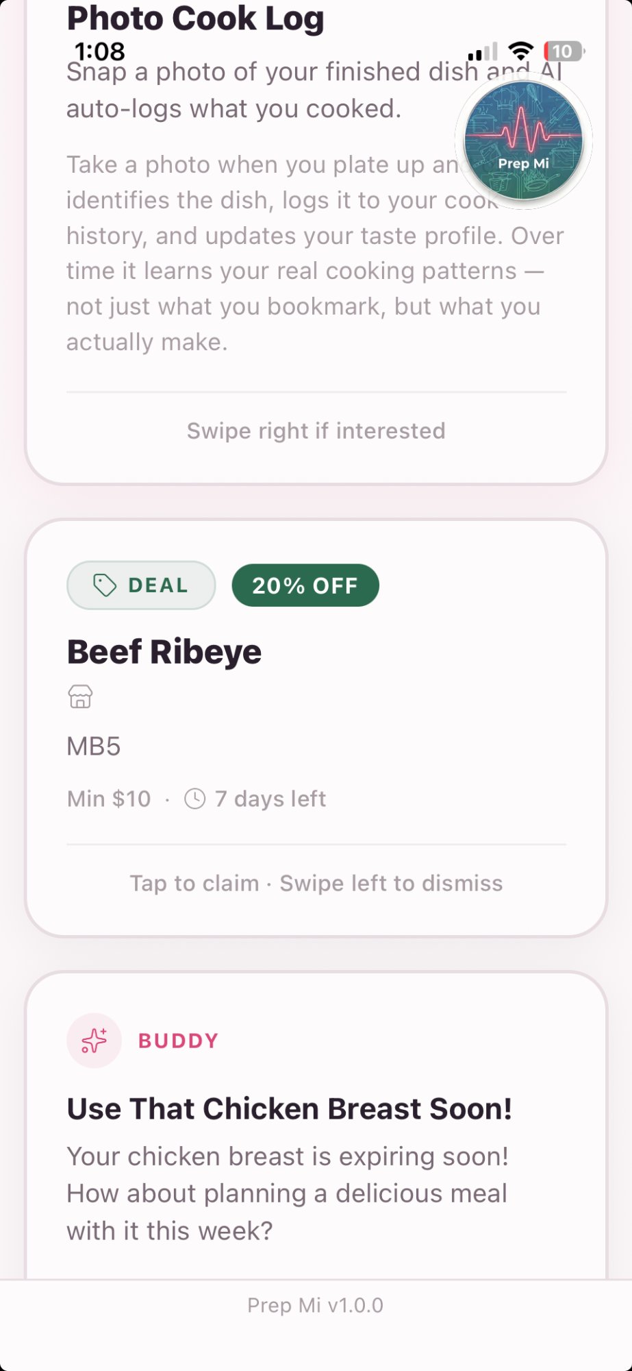 Discover feed — Photo Cook Log, Deals, Buddy suggestions